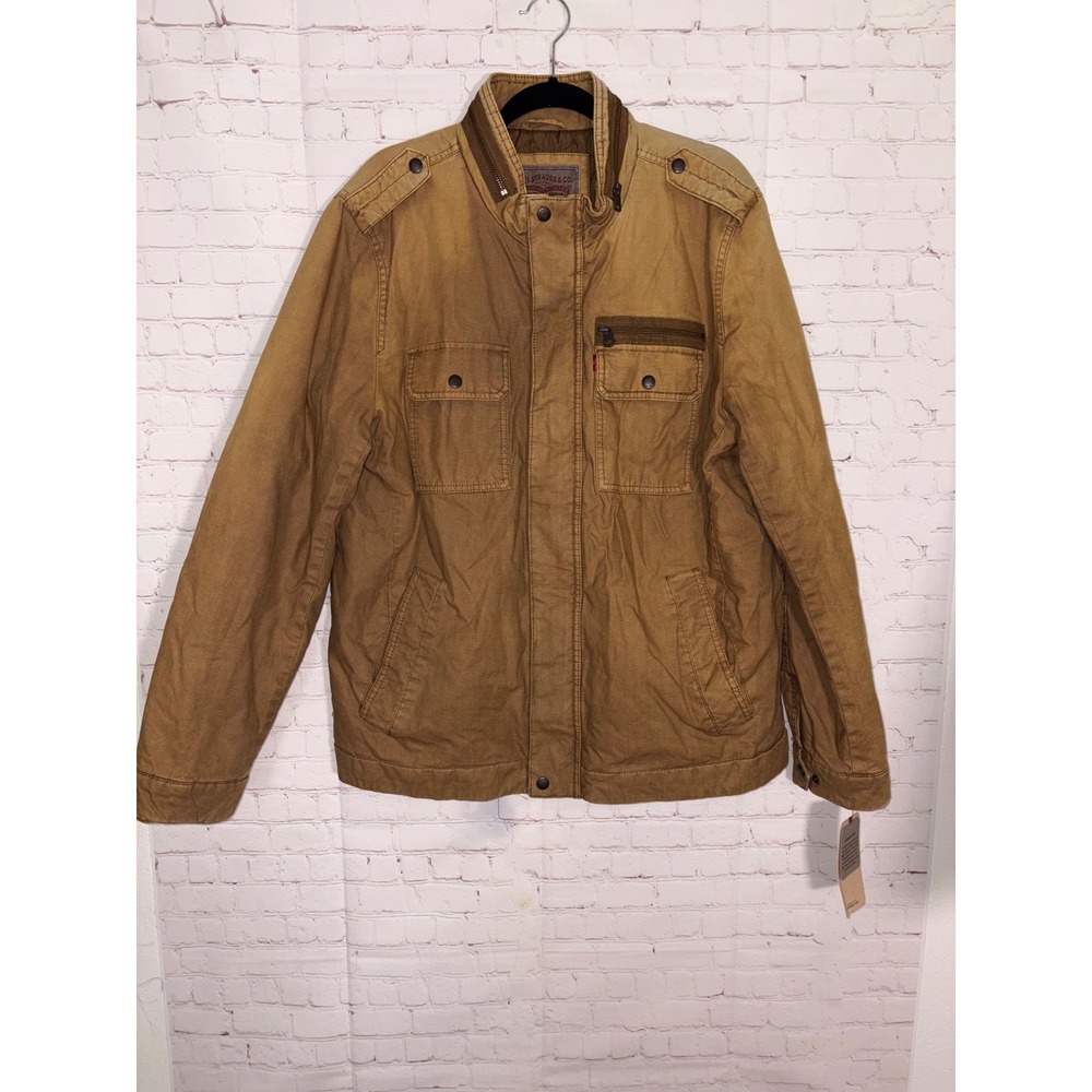 Levis Mens Stand Collar Military Jacket Brown Cotton Canvas Coat XL